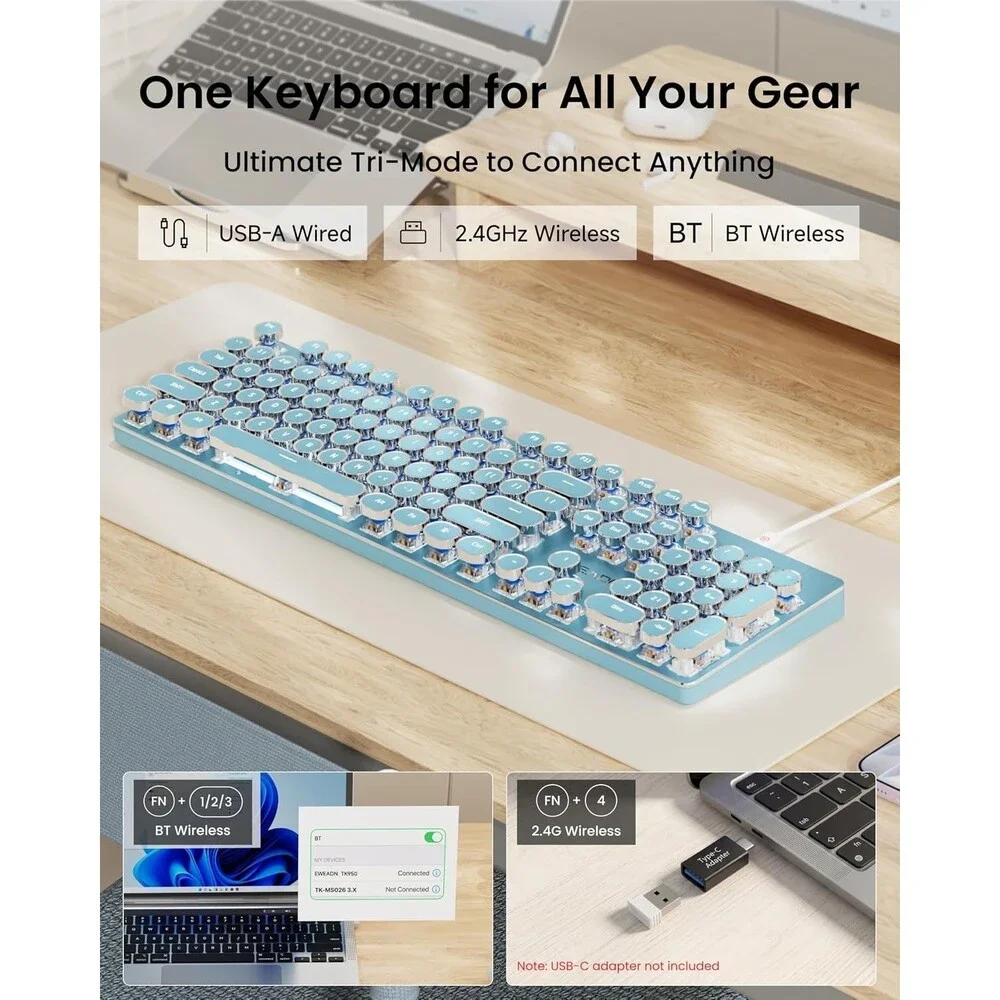 Wireless Typewriter Style Mechanical Keyboard with White Backlit, Blue | Bluetoo